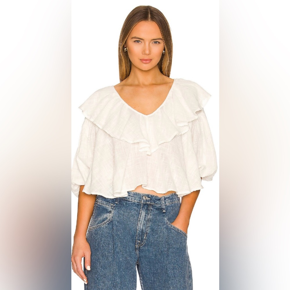 NWT Free People Zuri Blouse M White Ruffled Cropped New $68 retail